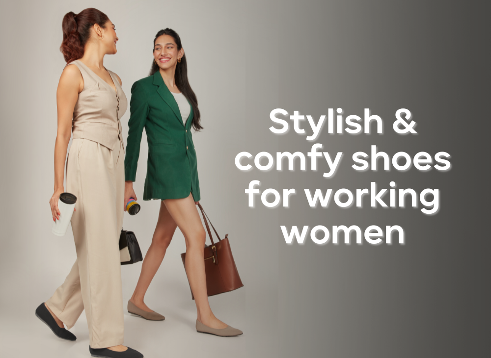 A woman confidently walking in a pair of FreeKind work shoes in a professional setting, highlighting their style and comfort.